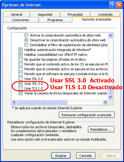 Usar SSL 3.0 Activada, Usar TLS 1.0 Desactivada