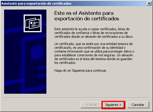 Imagen que muestra la ventana de inicio del Asistente para exportación de certificados de Chrome
