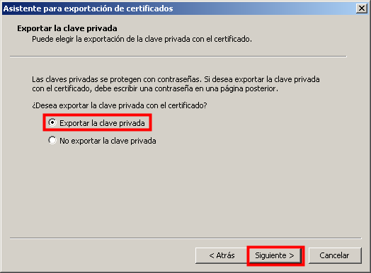 Imagen que muestra la ventana del Asistente para exportación de certificados de Chrome