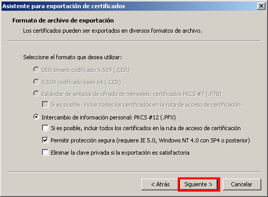 Imagen que muestra el asistente para exportacion de certificados de Chrome