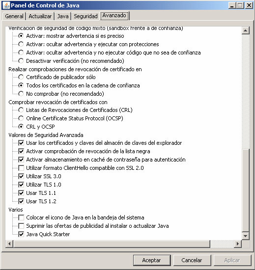 Imagen que muestra las opciones del final de la lista del Panel de configuración Java