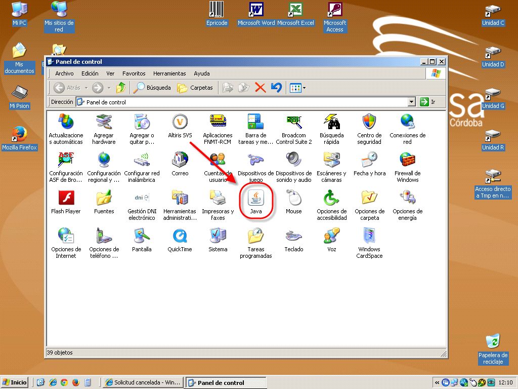Imagen que muestra el Icono de Java en la ventana del Panel de control