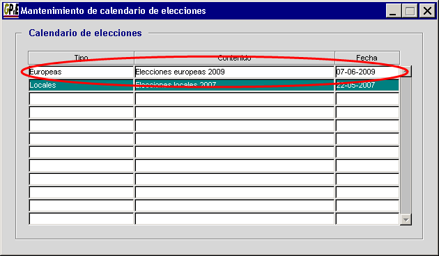 Panatalla Mantenimiento de calendario de elecciones con datos insertados