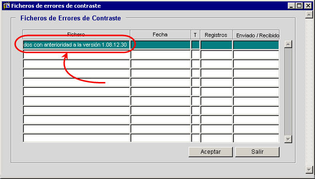 Pantalla de errores de contraste donde se muestra el fichero de errores cargados con anterioridad a 1.08.12.30