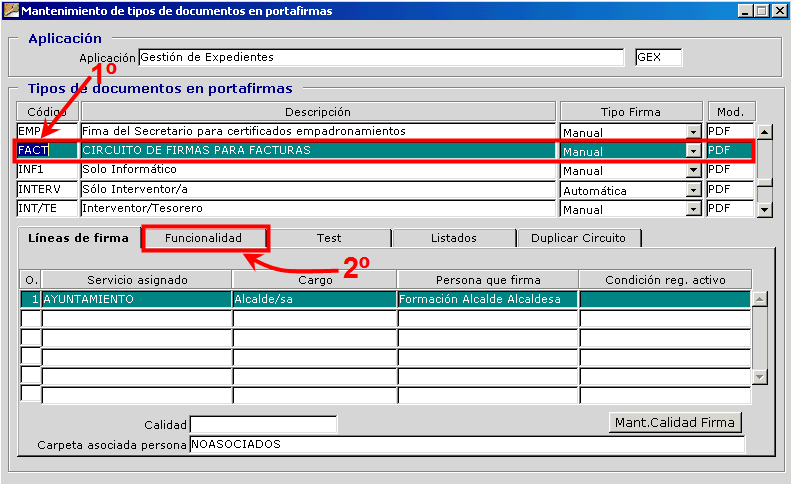 Imagen que muestra la ventana de mantenimiento de tipos de documentos en portafirmas de GEX