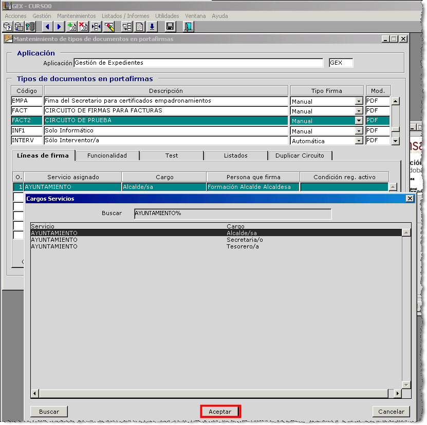 Imagen que muestra la ventana de mantenimiento de documentos en portafirmas con la lista de valores de cargos