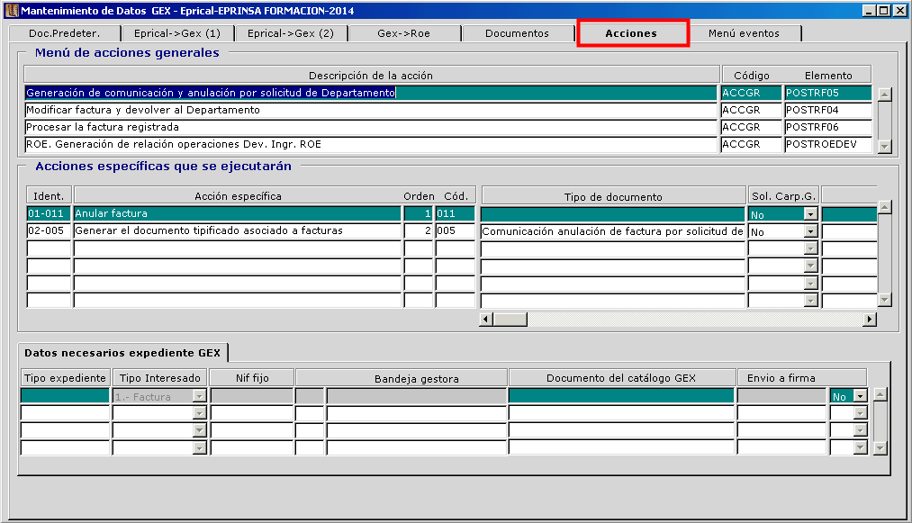 Imagen que muestra la ventana de datos Gex en EPRICAL, pestaña Acciones