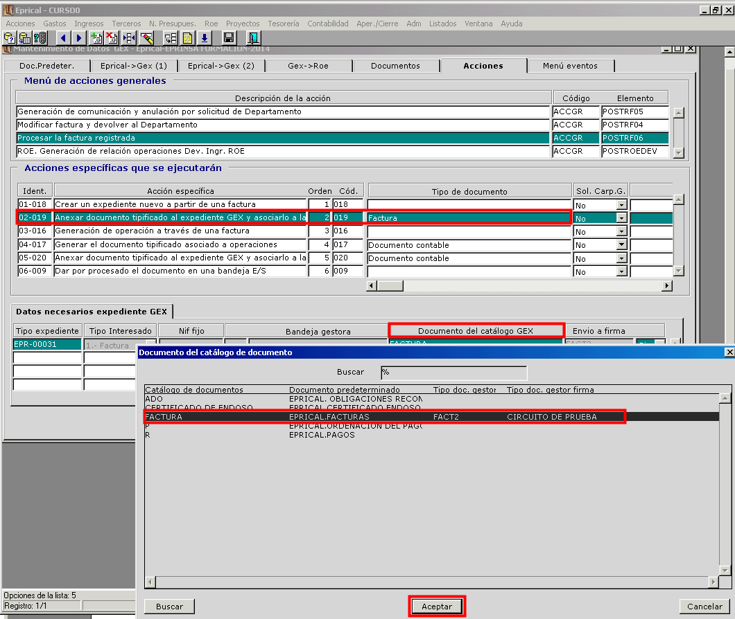 Imagen que muestra la ventana de mantenimiento de datos GEX en EPRICAL